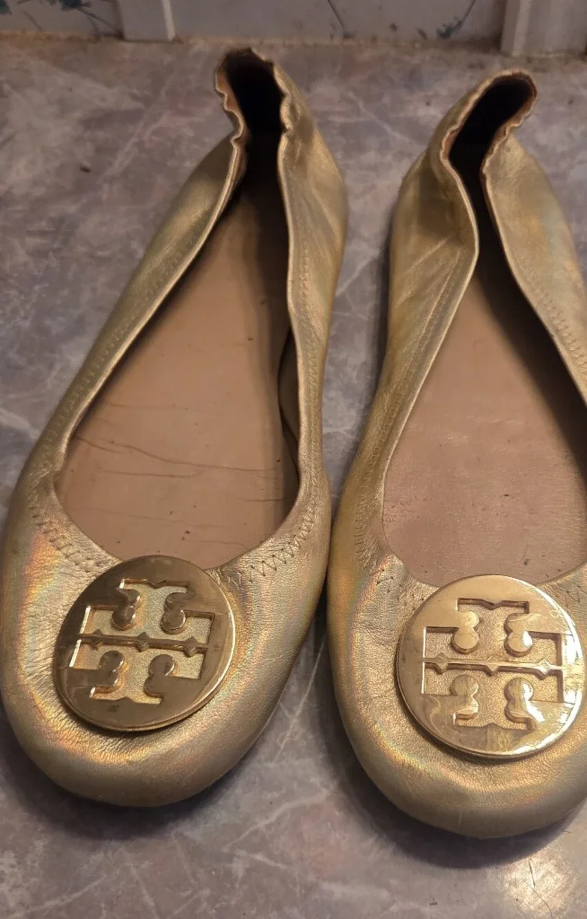 Tory Burch Metallic Gold Logo Ballet Flats